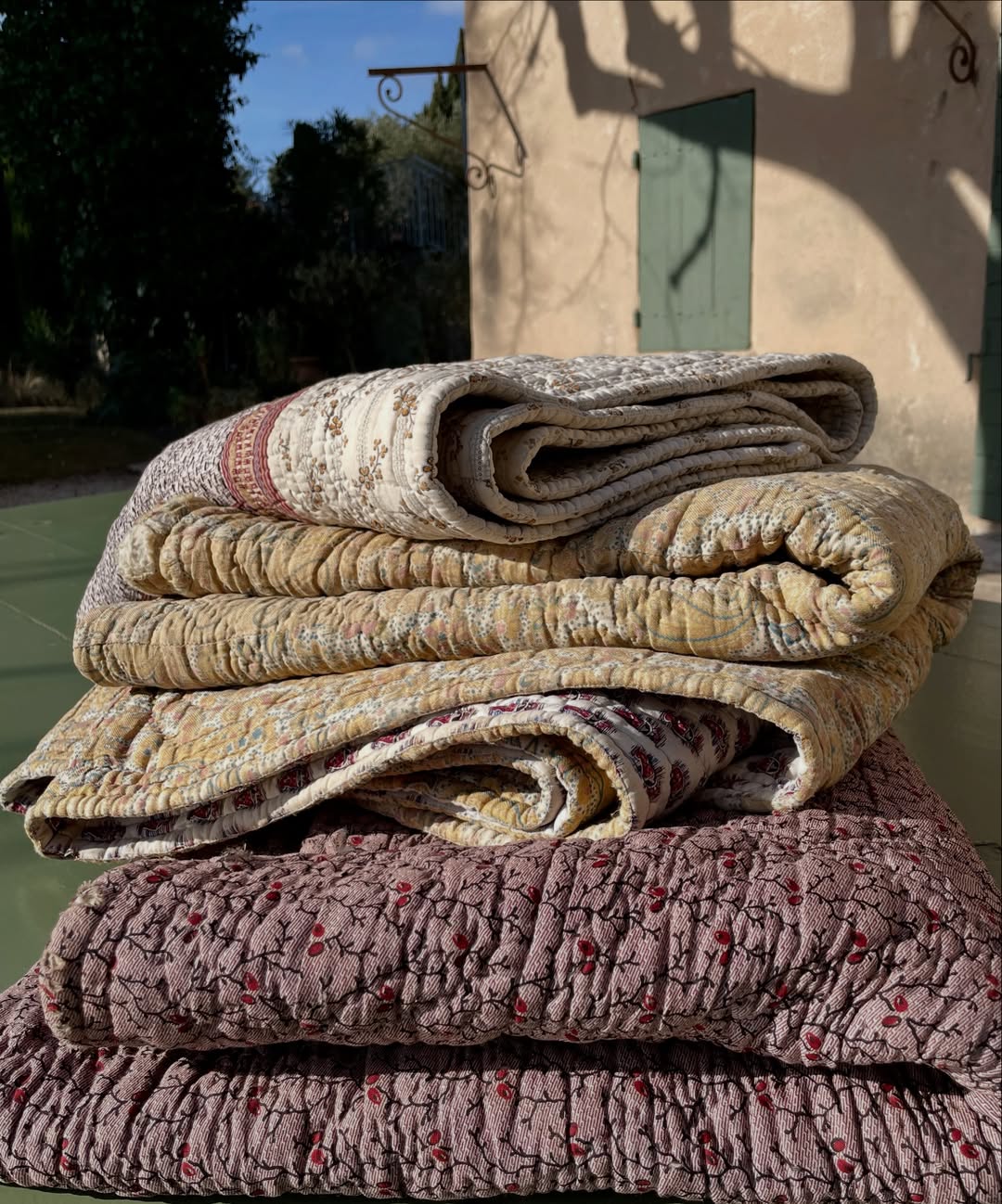 Antique French Quilt - Pretty Floral Print Whole Cloth Provence Pique