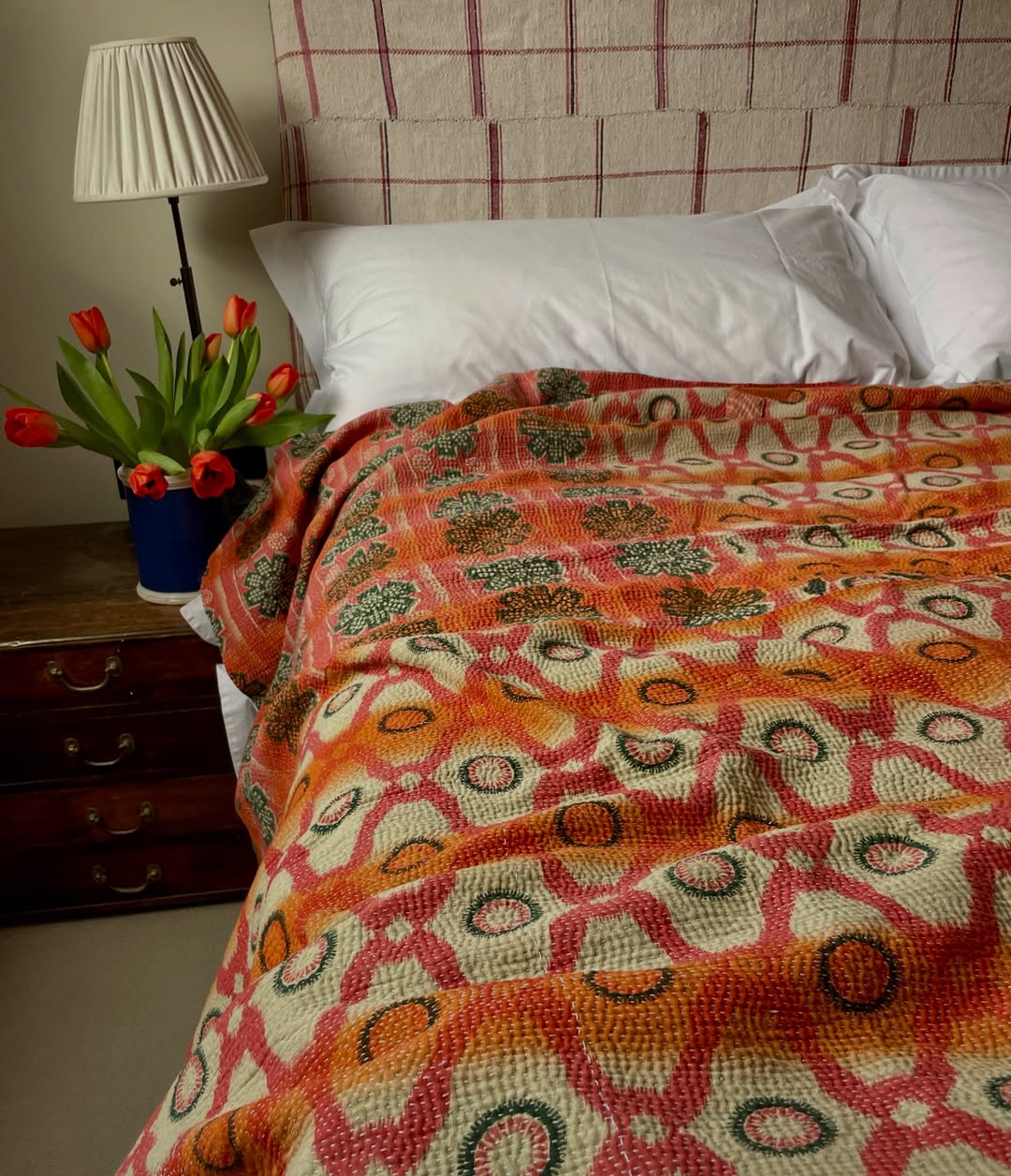 Couverture Patchwork Orange Grande - Plaid Kantha Matelassé Doux Pour Canapé Ou Lit - Art Indien